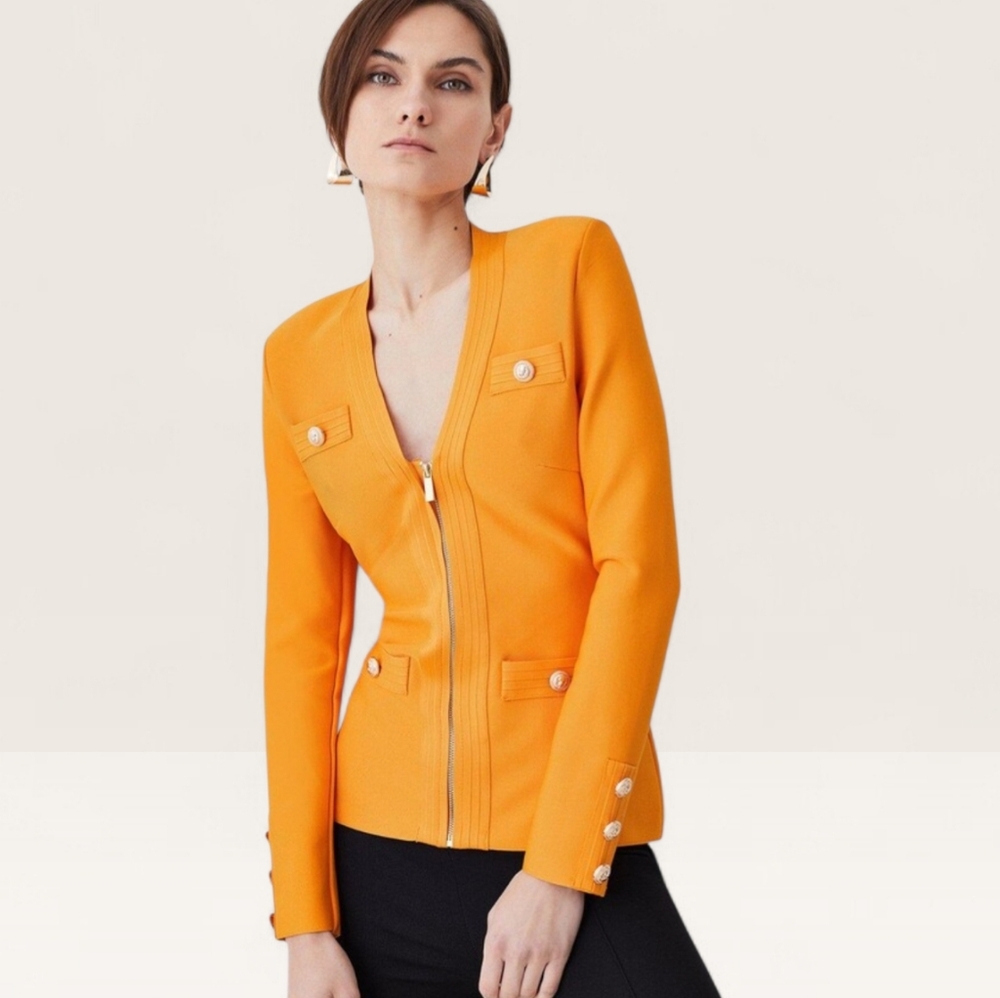 NWT KAREN MILLEN Military Bandage Zip Front Knitted Blazer Jacket Orange XL